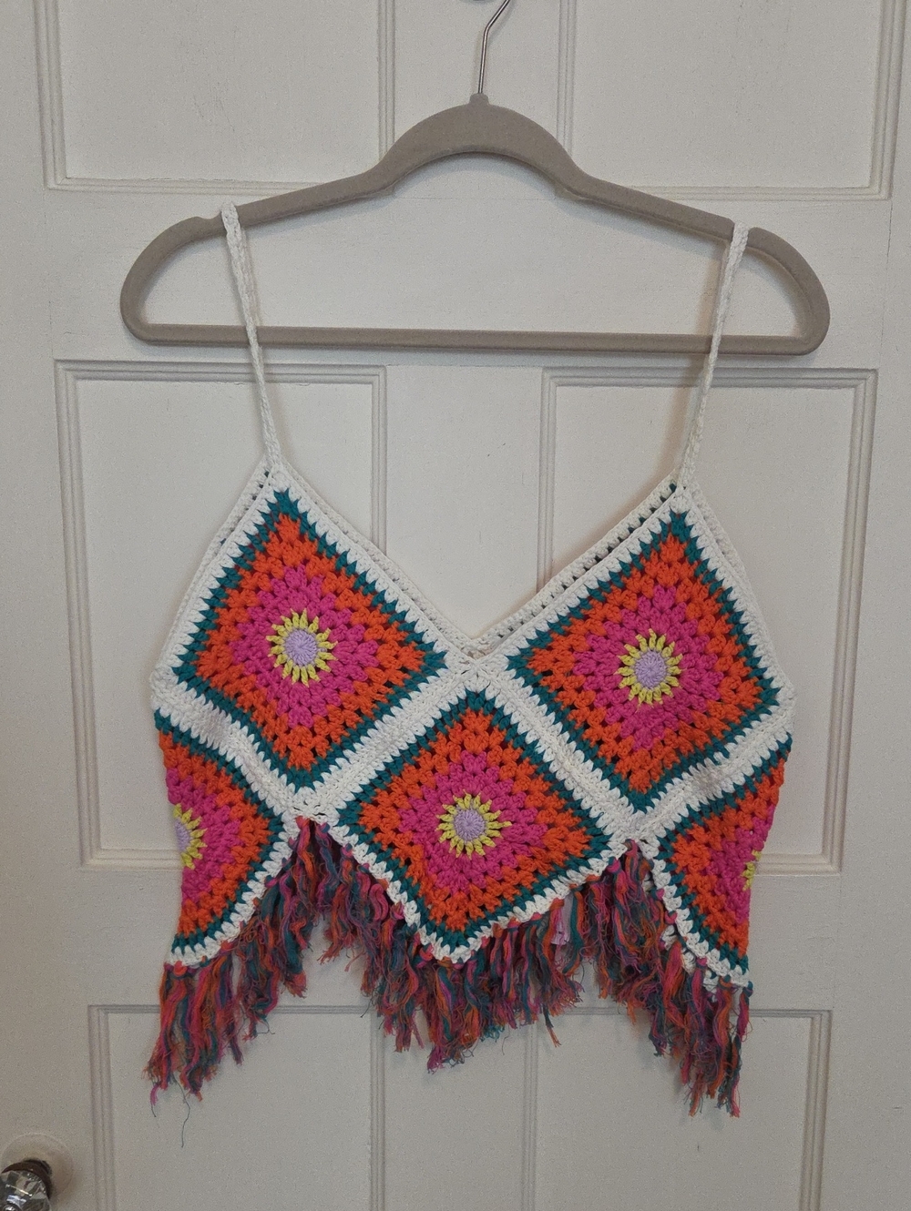 Self Contrast Dixie Crochet Camisole Knit Fringe Hem Top In Happy Colors SZ Med - Picture 4 of 16